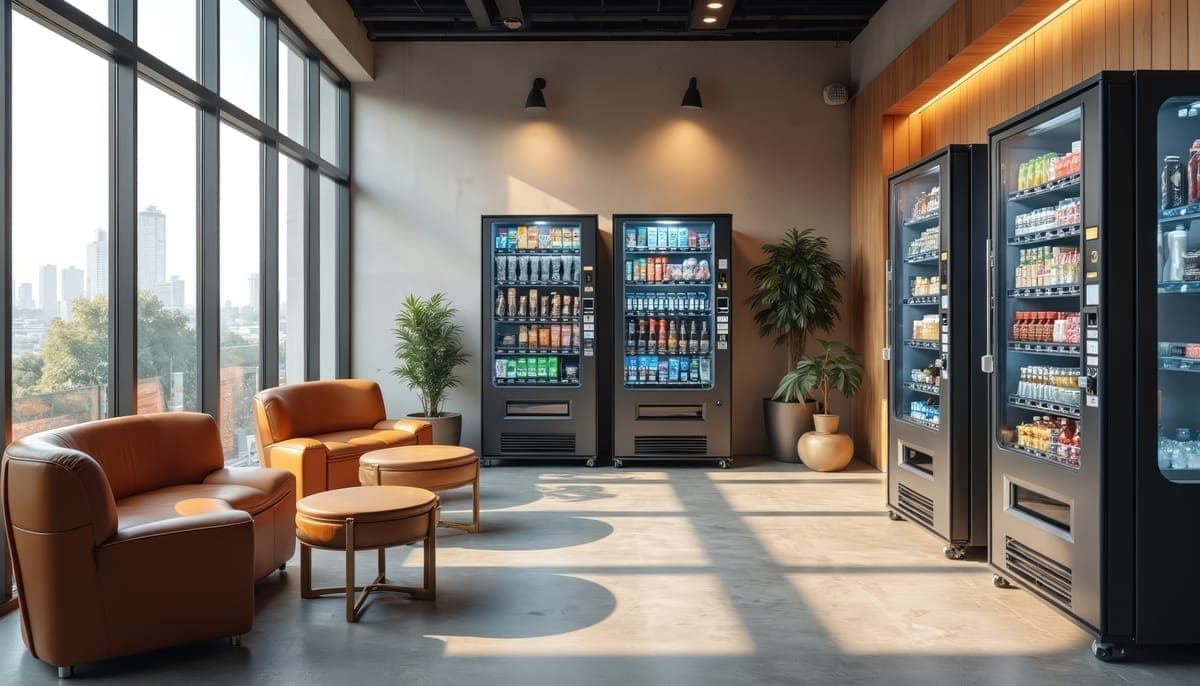 Vending machines stocked with snacks in a modern breakroom